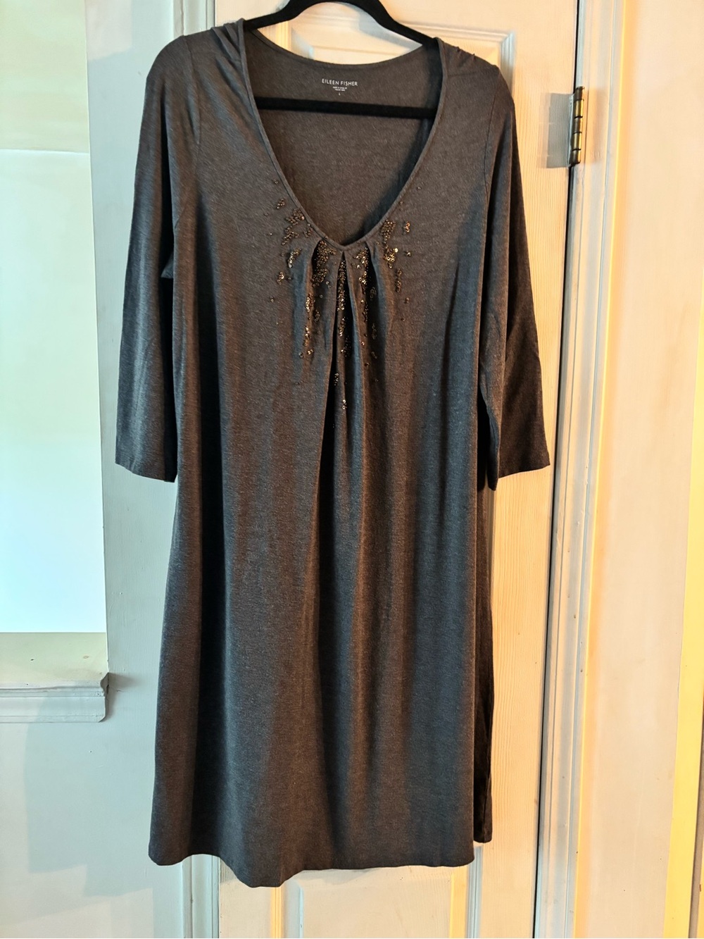 Eileen Fisher Brown Embellished V-Neck Dress